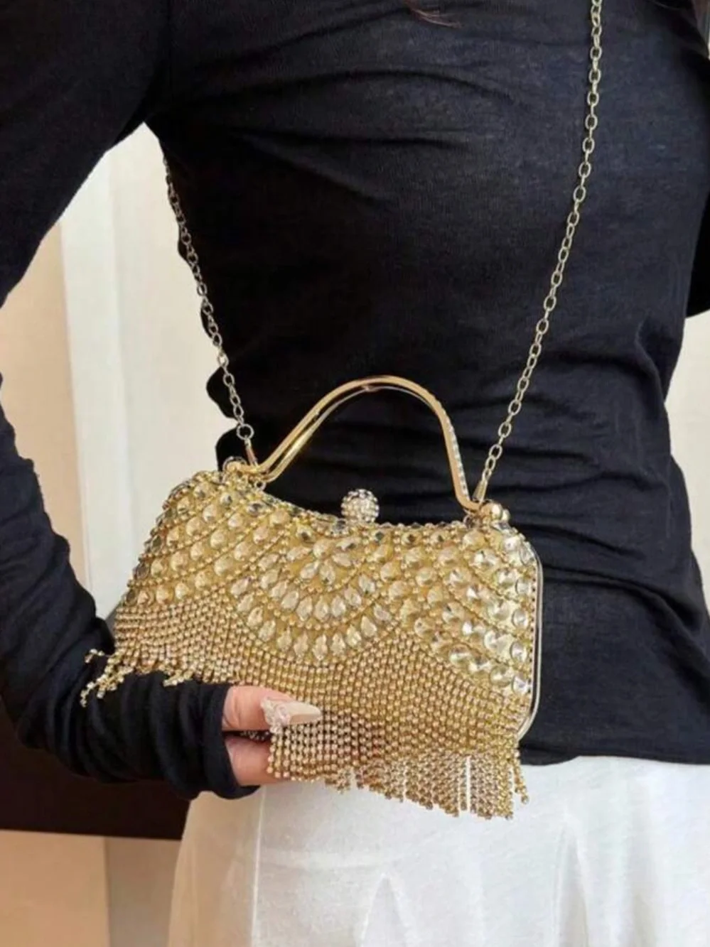 Gold Crystal Fringe Evening Clutch Handbag